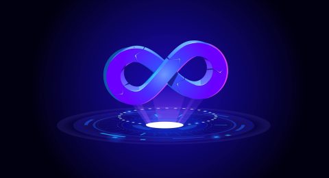 Un symbole abstrait d'infini bleu sur fond sombre, représentant le DevOps.
